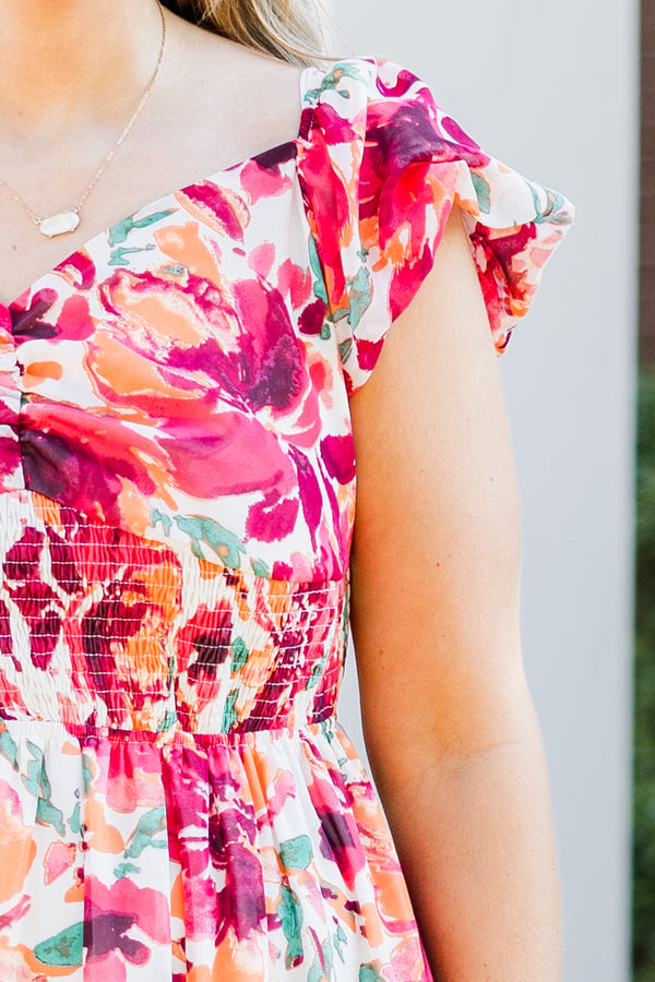 Chic Soul plus size clothing, red floral print short sleeve midi dress with smocked waist detail with v neckline and flutter sleeves