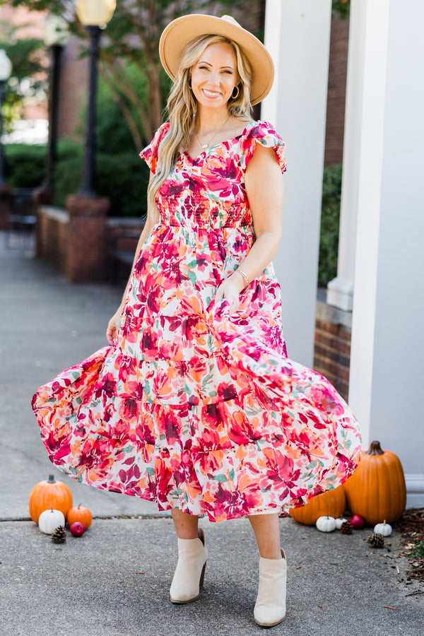 Chic Soul plus size clothing, red floral print short sleeve midi dress with smocked waist detail with v neckline and flutter sleeves