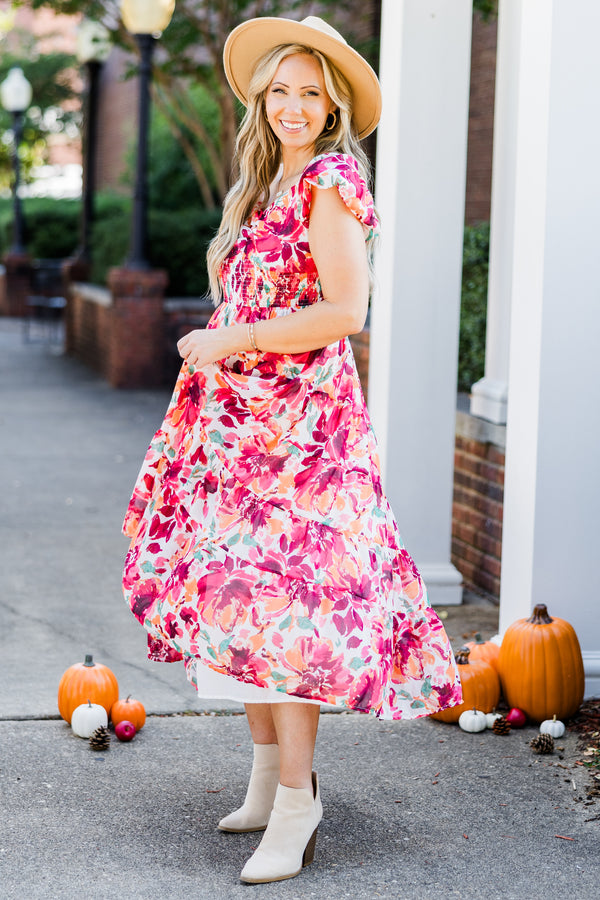 Chic Soul plus size clothing, red floral print short sleeve midi dress with smocked waist detail with v neckline and flutter sleeves