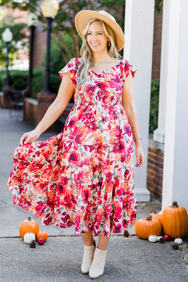 Chic Soul plus size clothing, red floral print short sleeve midi dress with smocked waist detail with v neckline and flutter sleeves