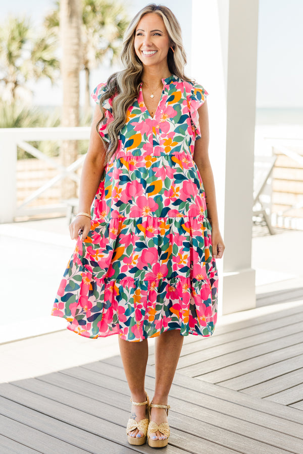 Chic Soul plus size clothing, white multi colored floral printed midi dress with tiered detail with v cutout along neckline with ruffle sleeves