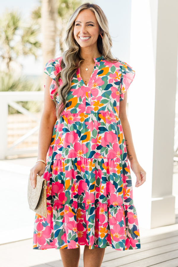 Chic Soul plus size clothing, white multi colored floral printed midi dress with tiered detail with v cutout along neckline with ruffle sleeves