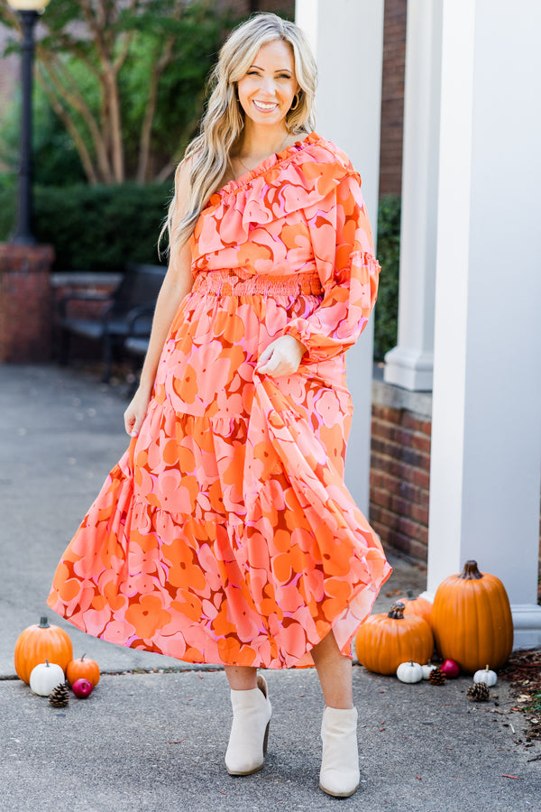 Chic Soul plus size clothing, orange floral print one long sleeve maxi dress with synched smocked waist with tiered detail and bubble sleeve