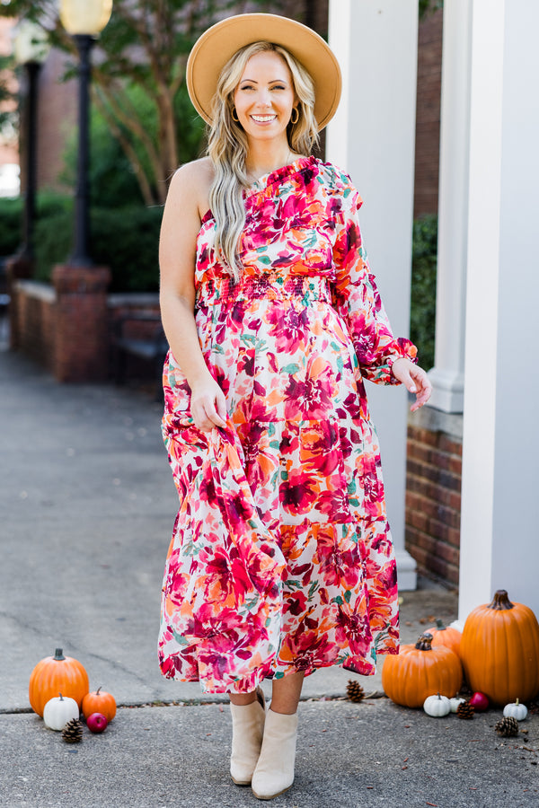 Chic Soul plus size clothing, one-shoulder long-sleeve red floral patterned maxi dress with smocked waistline and ruffled detailing 