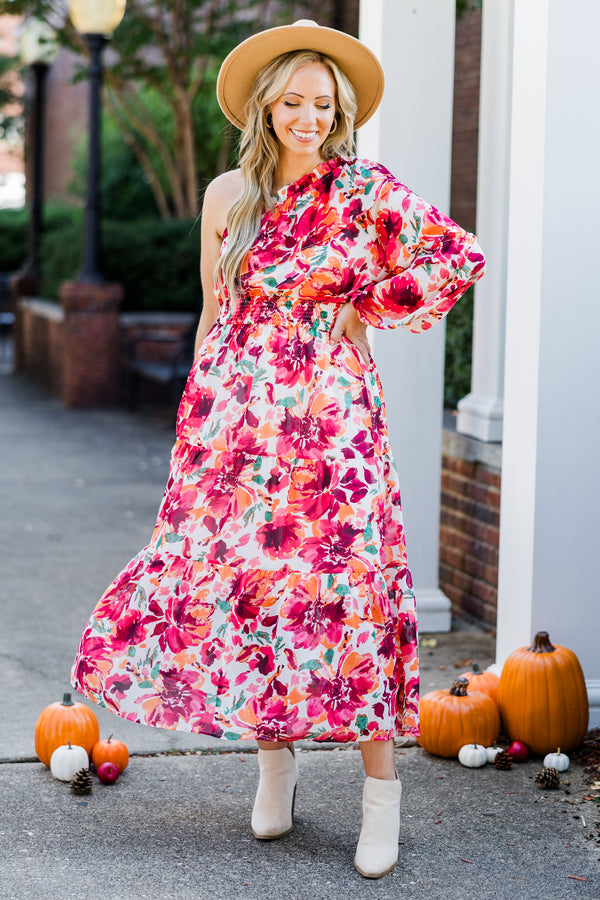 Chic Soul plus size clothing, one-shoulder long-sleeve red floral patterned maxi dress with smocked waistline and ruffled detailing 