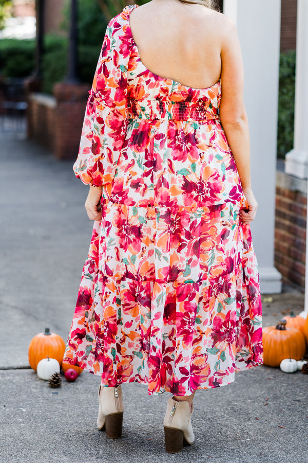 Chic Soul plus size clothing, one-shoulder long-sleeve red floral patterned maxi dress with smocked waistline and ruffled detailing 
