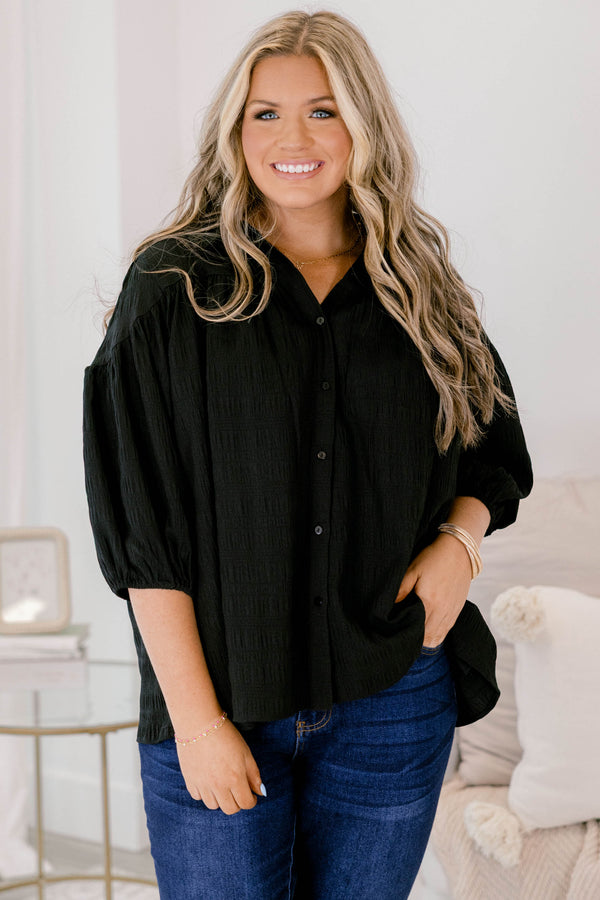 Chic Soul plus size clothing, black ¾ puff sleeve button up top