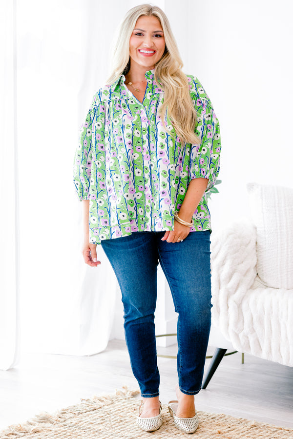Chic Soul plus size clothing, light green and ivory vertically striped balloon half sleeve button-up collared casual top with lilac and navy floral pattern