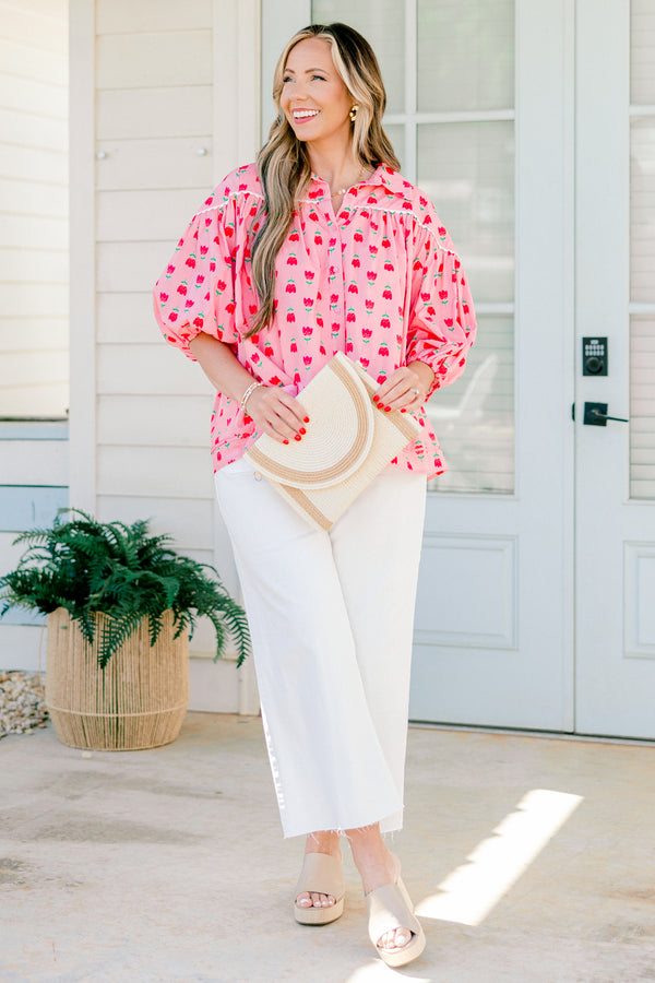 Chic Soul plus size clothing, pink bubble sleeve collared blouse with red tulip pattern and buttons down the front