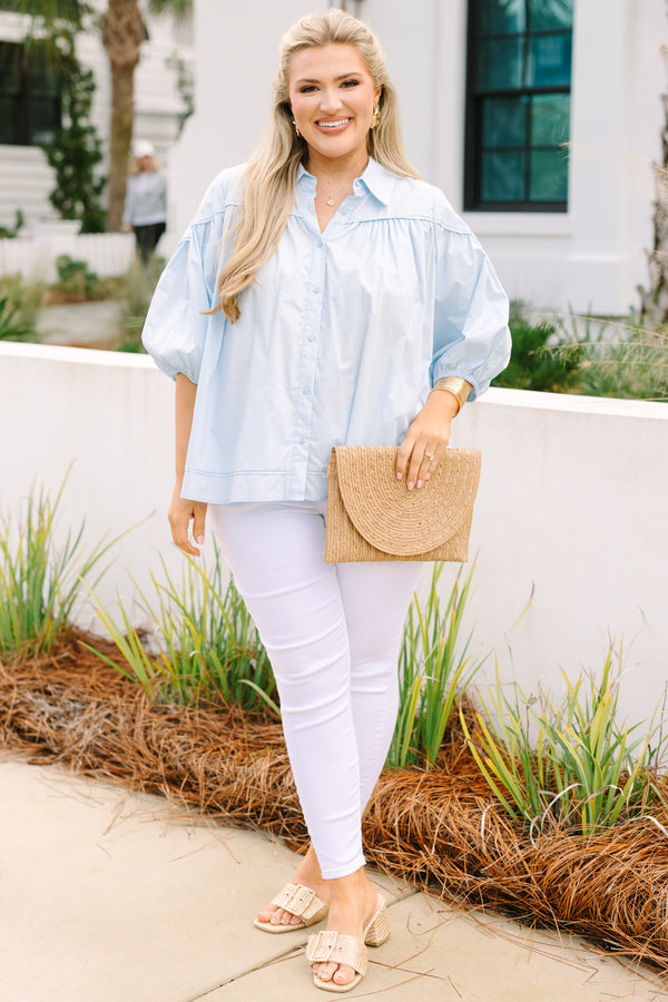 Chic Soul plus size clothing, light blue button-up top with a collar and half bubble sleeves 