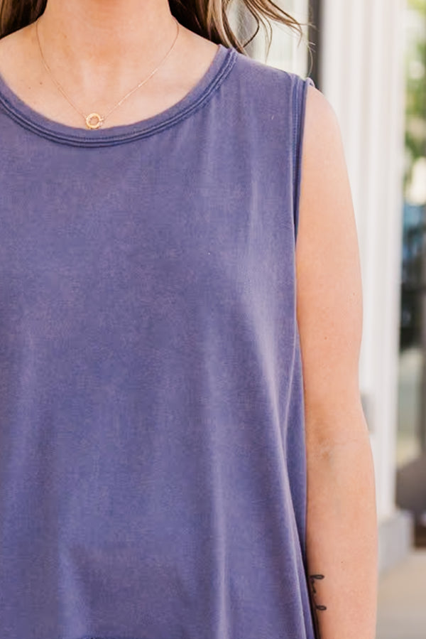 Chic Soul plus size clothing, navy sleeveless tank with round neckline and ruffles at the bottom
