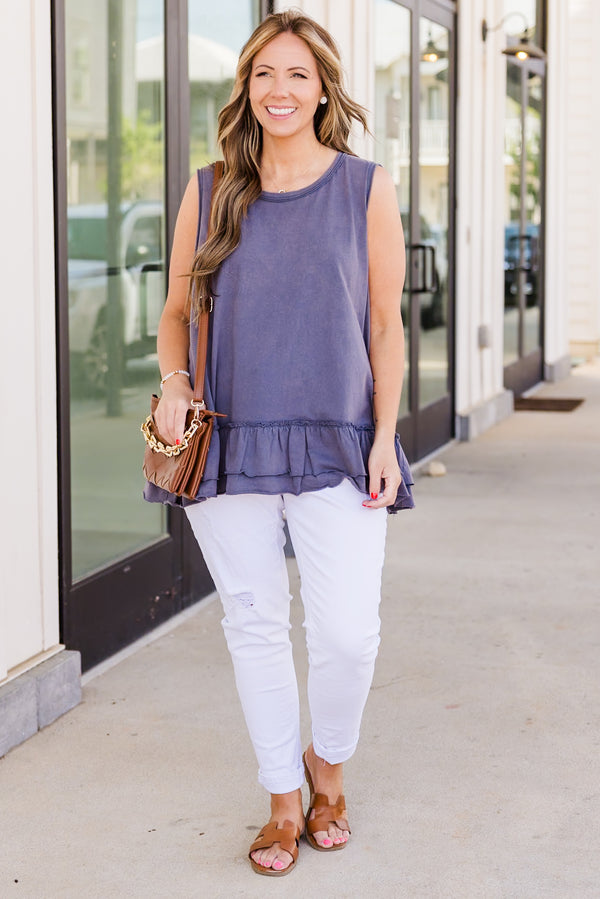 Chic Soul plus size clothing, navy sleeveless tank with round neckline and ruffles at the bottom