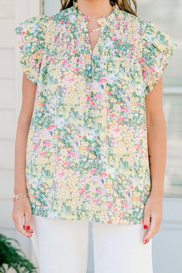 Chic Soul plus size clothing, mustard multicolor small floral print short sleeve top with v cutout along neckline with ruffle sleeve and neck detail