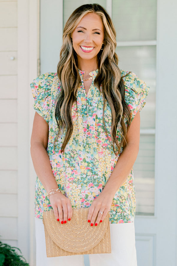 Chic Soul plus size clothing, mustard multicolor small floral print short sleeve top with v cutout along neckline with ruffle sleeve and neck detail