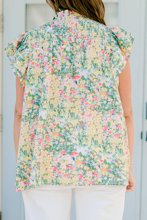 Chic Soul plus size clothing, mustard multicolor small floral print short sleeve top with v cutout along neckline with ruffle sleeve and neck detail