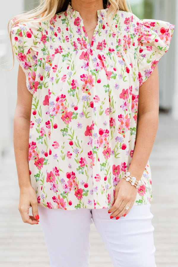 Chic Soul plus size clothing, short-flutter-sleeve buttoned ivory floral top with  high smocked collar with a split-v-neckline and a pink multi-colored floral pattern 