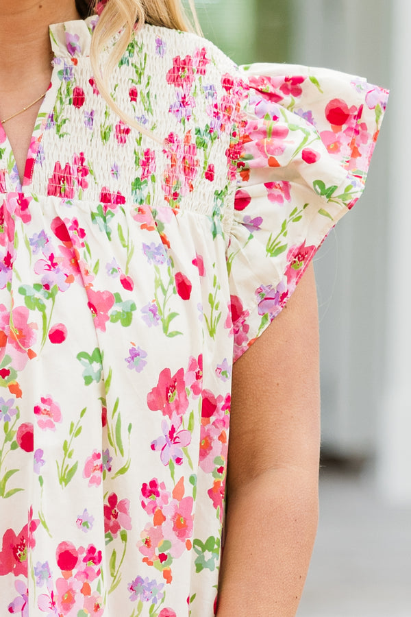 Chic Soul plus size clothing, short-flutter-sleeve buttoned ivory floral top with  high smocked collar with a split-v-neckline and a pink multi-colored floral pattern 