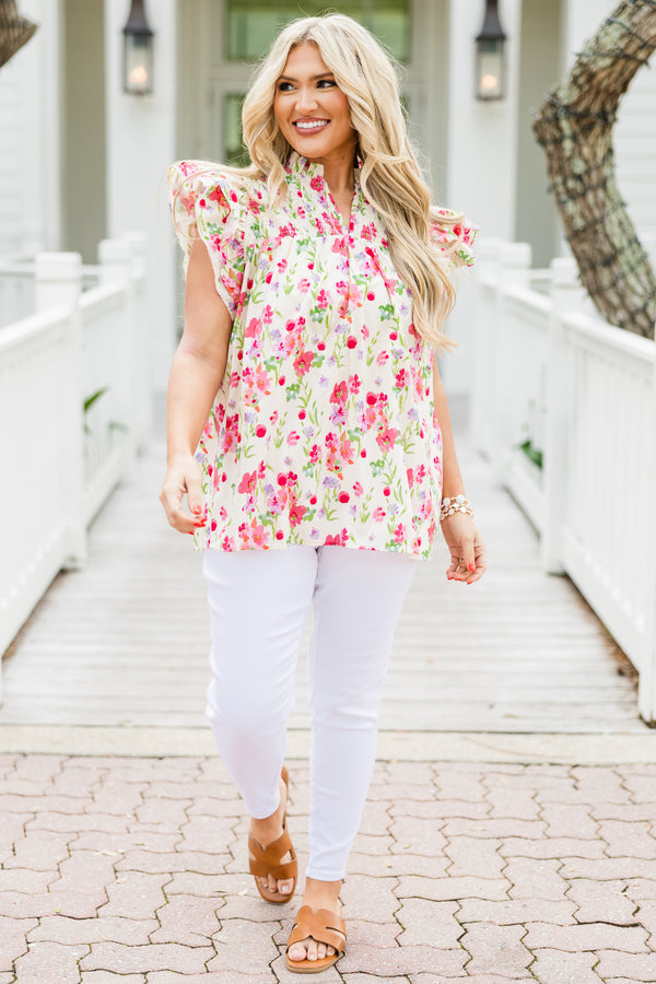 Chic Soul plus size clothing, short-flutter-sleeve buttoned ivory floral top with  high smocked collar with a split-v-neckline and a pink multi-colored floral pattern 