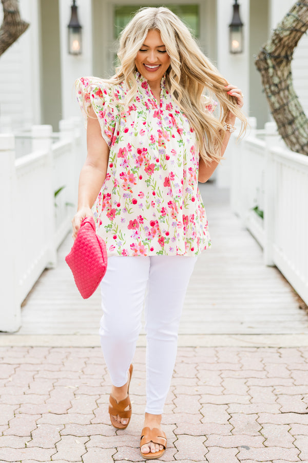 Chic Soul plus size clothing, short-flutter-sleeve buttoned ivory floral top with  high smocked collar with a split-v-neckline and a pink multi-colored floral pattern 