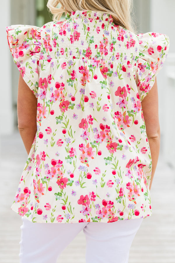 Chic Soul plus size clothing, short-flutter-sleeve buttoned ivory floral top with  high smocked collar with a split-v-neckline and a pink multi-colored floral pattern 