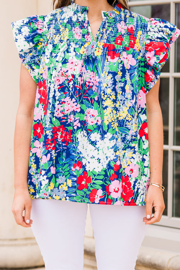 Chic Soul plus size clothing, navy short sleeve top with multi floral print with v cutout on neckline and ruffle sleeves