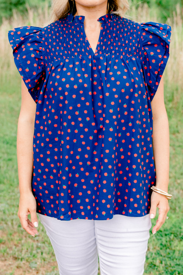 Chic Soul plus size clothing, navy short sleeve top with v cutout along neckline with collar and ruffle sleeve detail with small red apple print