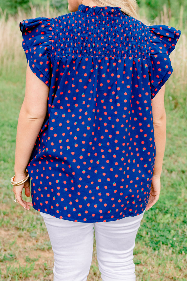 Chic Soul plus size clothing, navy short sleeve top with v cutout along neckline with collar and ruffle sleeve detail with small red apple print