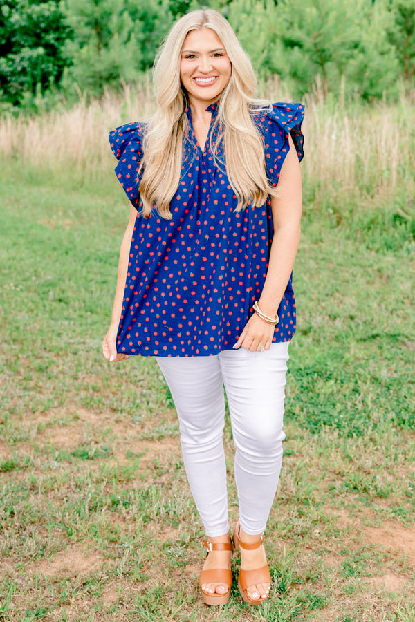 Chic Soul plus size clothing, navy short sleeve top with v cutout along neckline with collar and ruffle sleeve detail with small red apple print