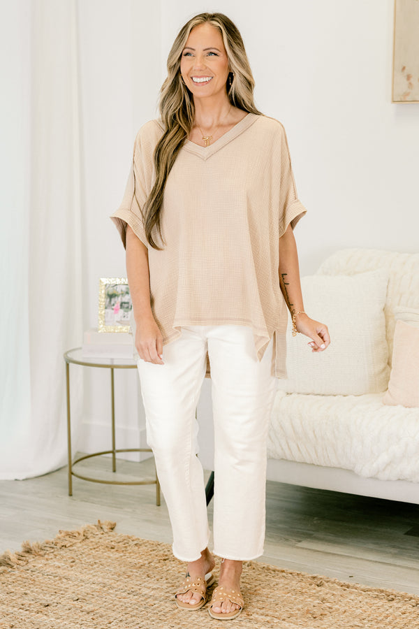 Chic Soul plus size clothing, ash mocha short sleeve v-neck basic top with middle seam on back