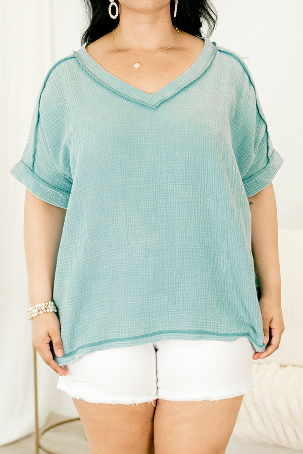 Chic Soul plus size clothing, dusty teal short sleeve casual top with dark blue stitching details and a slight v-neck 