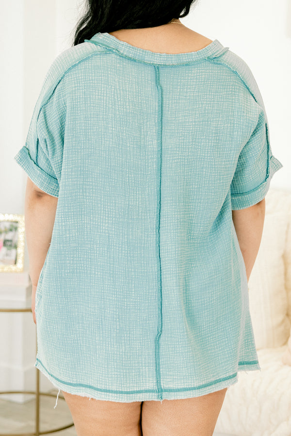 Chic Soul plus size clothing, dusty teal short sleeve casual top with dark blue stitching details and a slight v-neck 