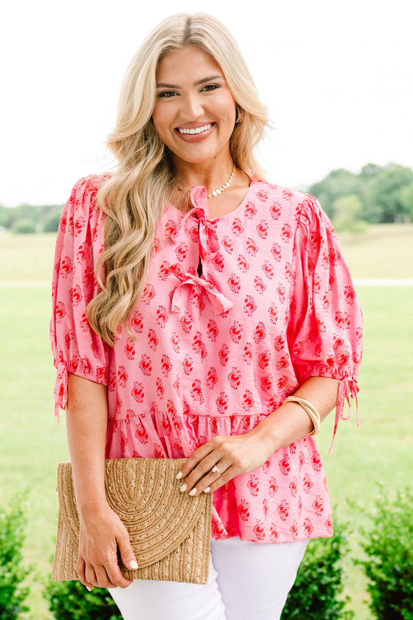 Chic Soul plus size clothing, pink drawstring-bubble-half-sleeve rounded neckline babydoll top with two tied bow closures near neckline and red dainty floral pattern