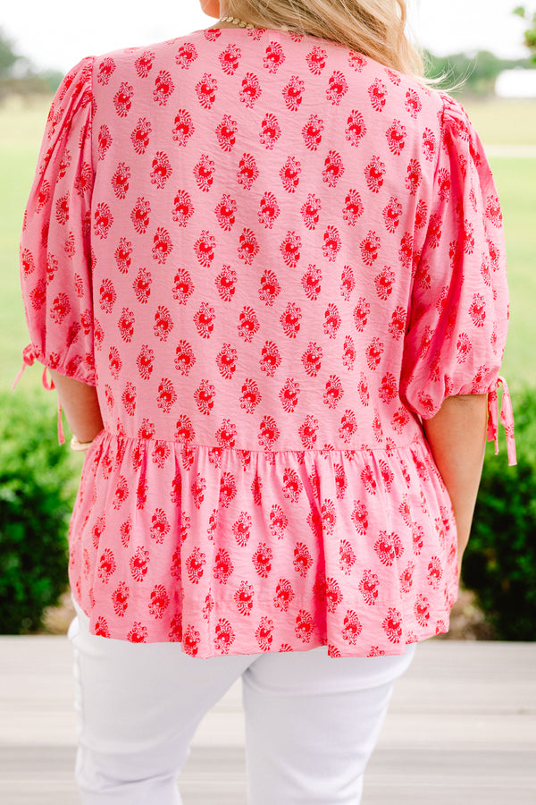 Chic Soul plus size clothing, pink drawstring-bubble-half-sleeve rounded neckline babydoll top with two tied bow closures near neckline and red dainty floral pattern
