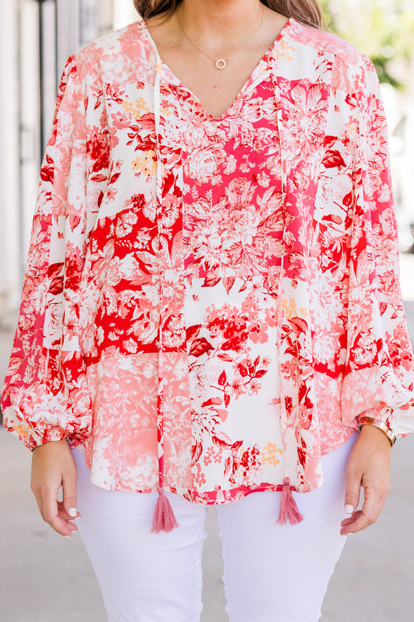 Chic Soul plus size clothing, long-sleeve v-neckline coral top with red and coral floral pattern and tassels on neckline