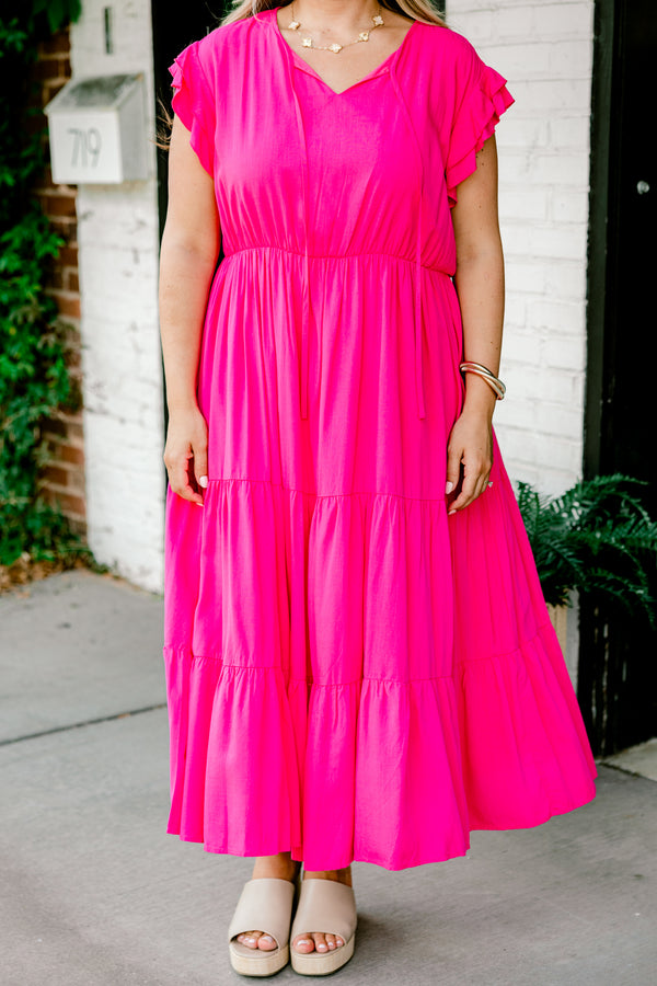 Chic Soul plus size clothing, hot pink short-flutter sleeve string tie neckline casual tiered maxi dress with cinched waist