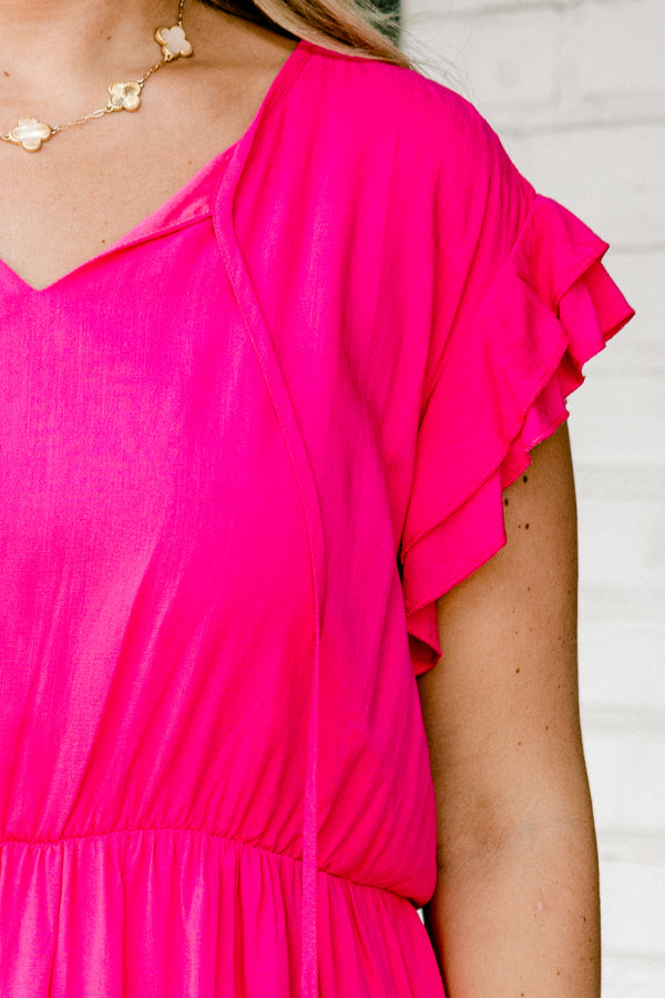 Chic Soul plus size clothing, hot pink short-flutter sleeve string tie neckline casual tiered maxi dress with cinched waist