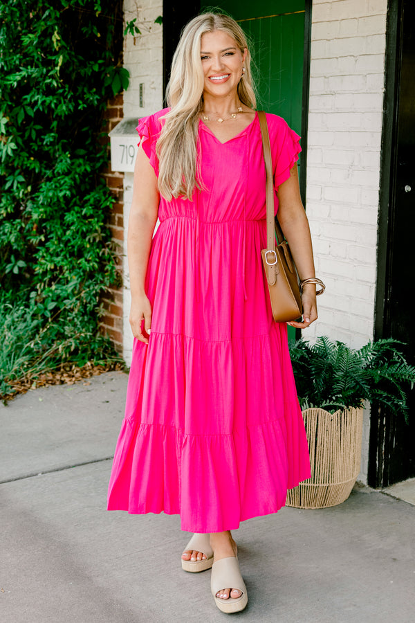 Chic Soul plus size clothing, hot pink short-flutter sleeve string tie neckline casual tiered maxi dress with cinched waist
