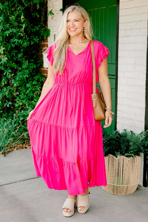 Chic Soul plus size clothing, hot pink short-flutter sleeve string tie neckline casual tiered maxi dress with cinched waist