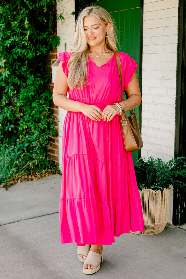Chic Soul plus size clothing, hot pink short-flutter sleeve string tie neckline casual tiered maxi dress with cinched waist