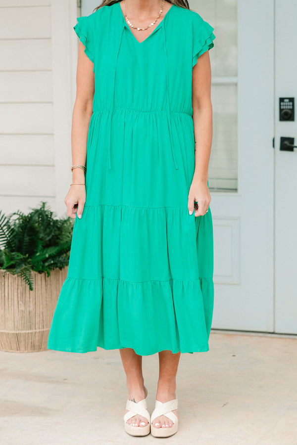 Chic Soul plus size clothing, teal short sleeve tiered midi dress with v neckline with tie detail and ruffle flutter sleeves with cinched waist