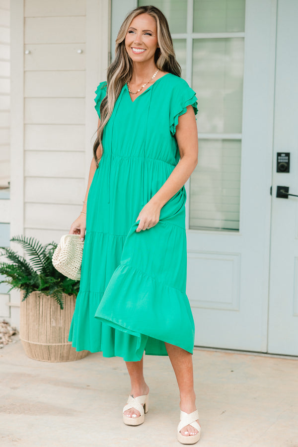 Chic Soul plus size clothing, teal short sleeve tiered midi dress with v neckline with tie detail and ruffle flutter sleeves with cinched waist