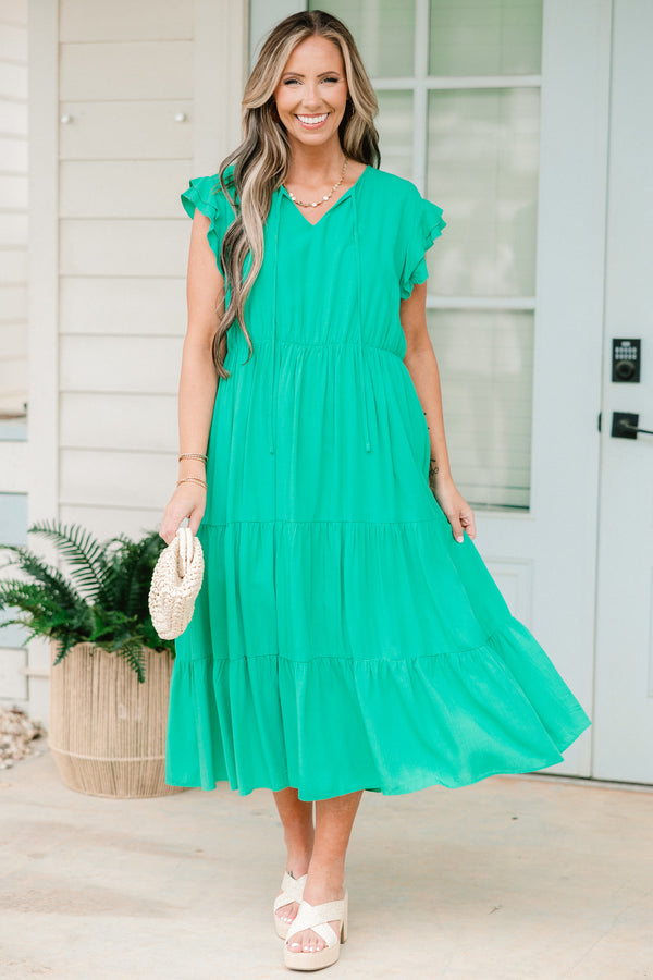 Chic Soul plus size clothing, teal short sleeve tiered midi dress with v neckline with tie detail and ruffle flutter sleeves with cinched waist