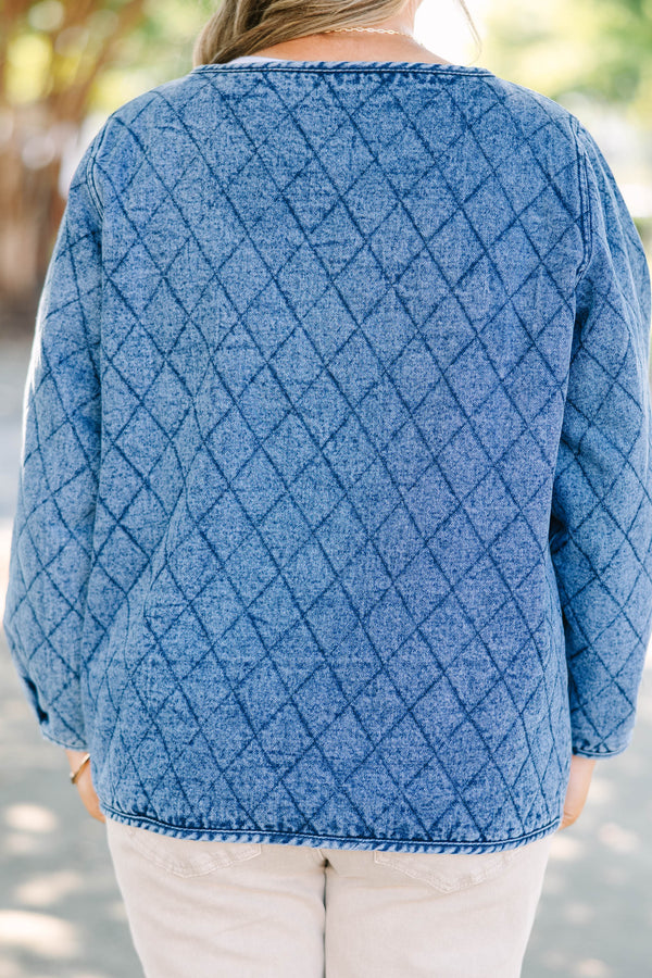 Plus Size quilted denim jacket with a diamond pattern, tie-front closures, and long sleeves.