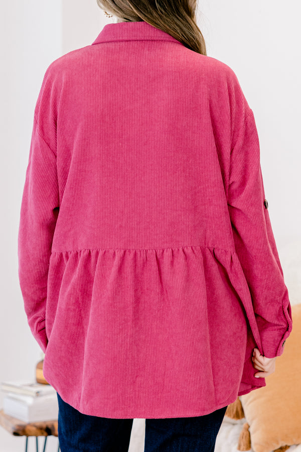Chic Soul plus size clothing, magenta long sleeve button up corduroy shacket with 2 front chest pockets