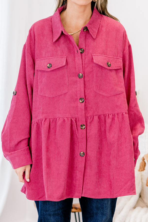 Chic Soul plus size clothing, magenta long sleeve button up corduroy shacket with 2 front chest pockets