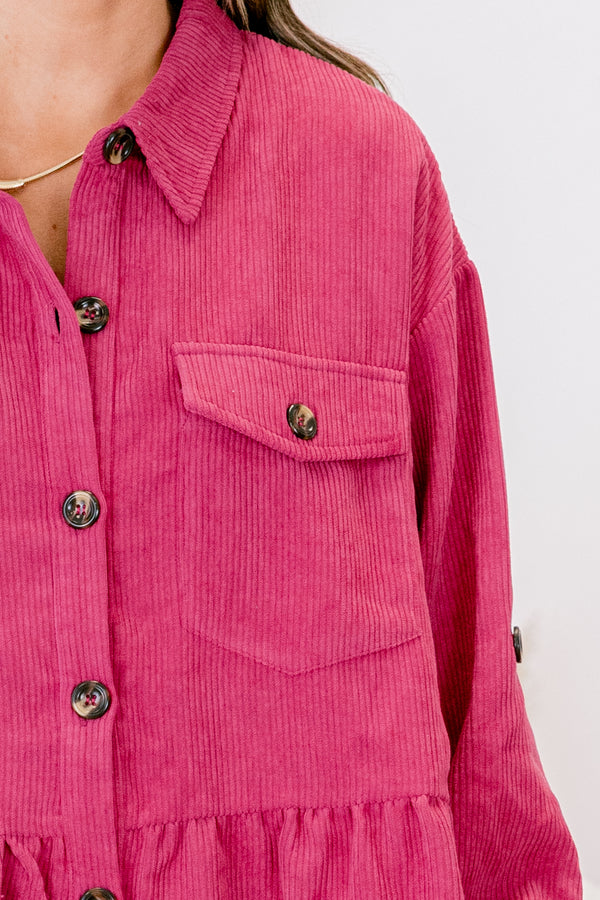 Chic Soul plus size clothing, magenta long sleeve button up corduroy shacket with 2 front chest pockets