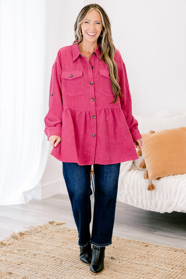 Chic Soul plus size clothing, magenta long sleeve button up corduroy shacket with 2 front chest pockets