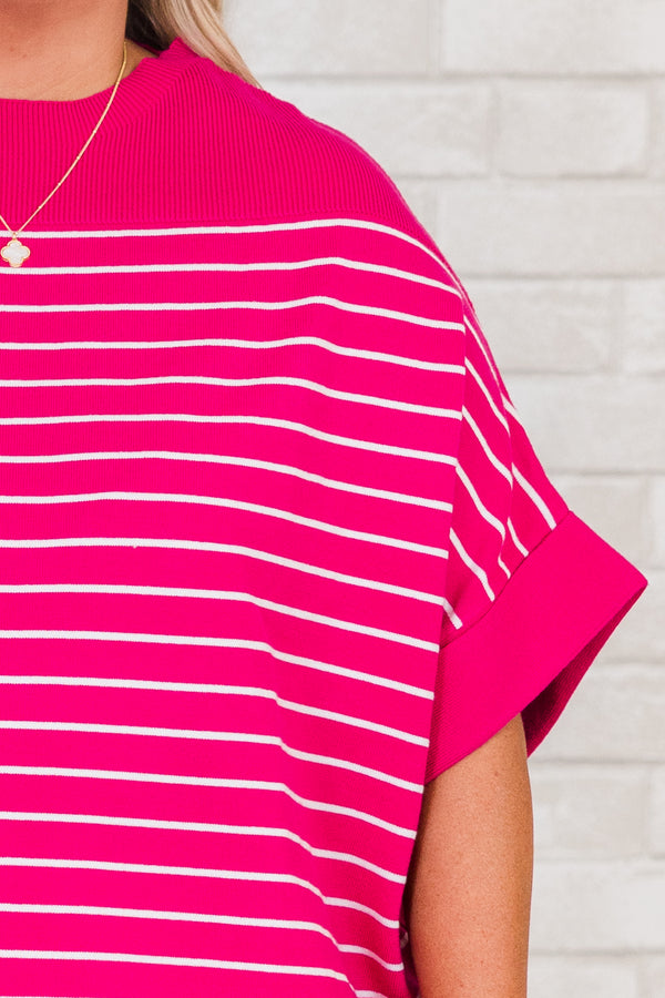 Chic Soul plus size clothing, hot pink top with ivory stripes and pre cuffed sleeves