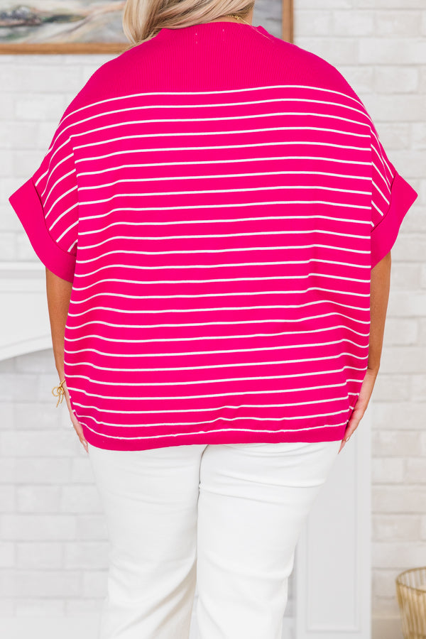 Chic Soul plus size clothing, hot pink top with ivory stripes and pre cuffed sleeves