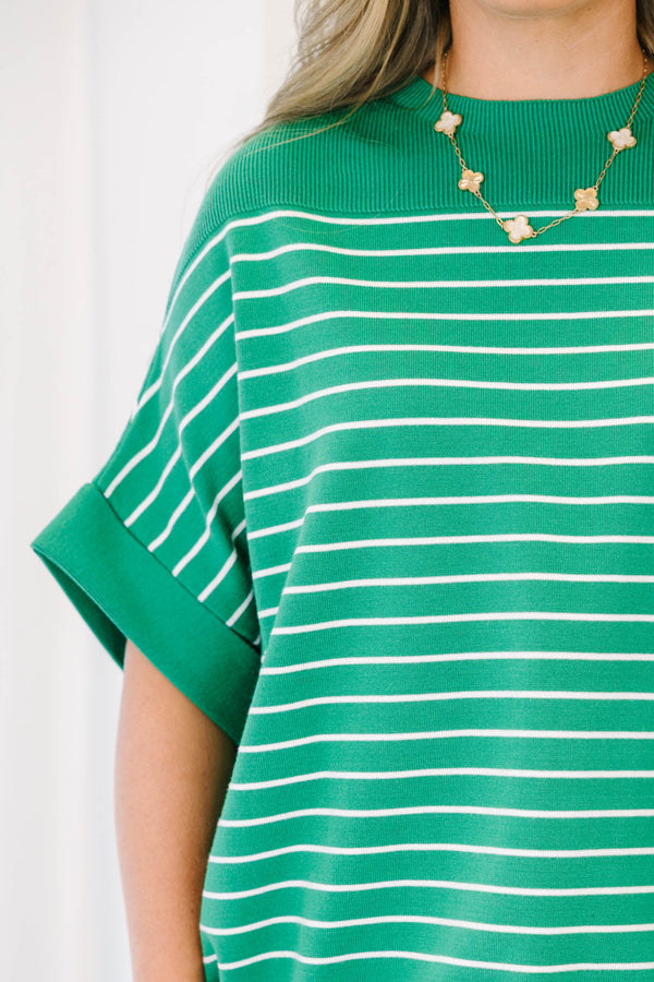 Chic Soul plus size clothing, kelly green short sleeve knit top with thin white stripes 